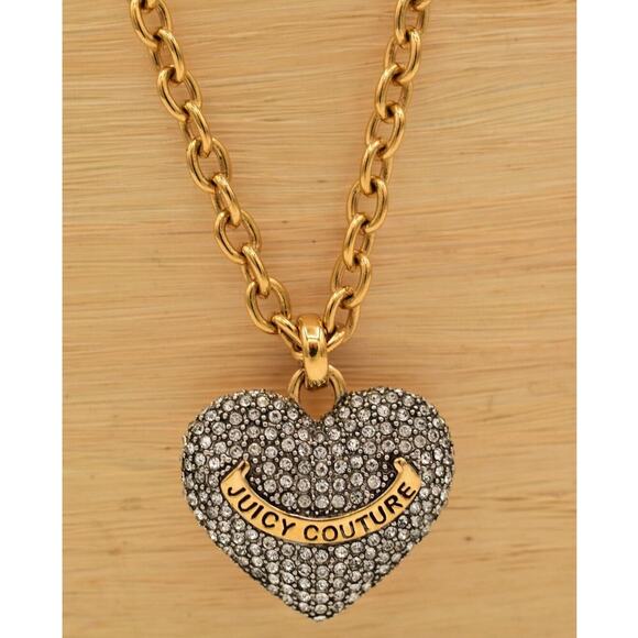 Juicy Couture Crystal Heart Pendant Necklace Heavy Weighted Gold RARE Y2K BinL